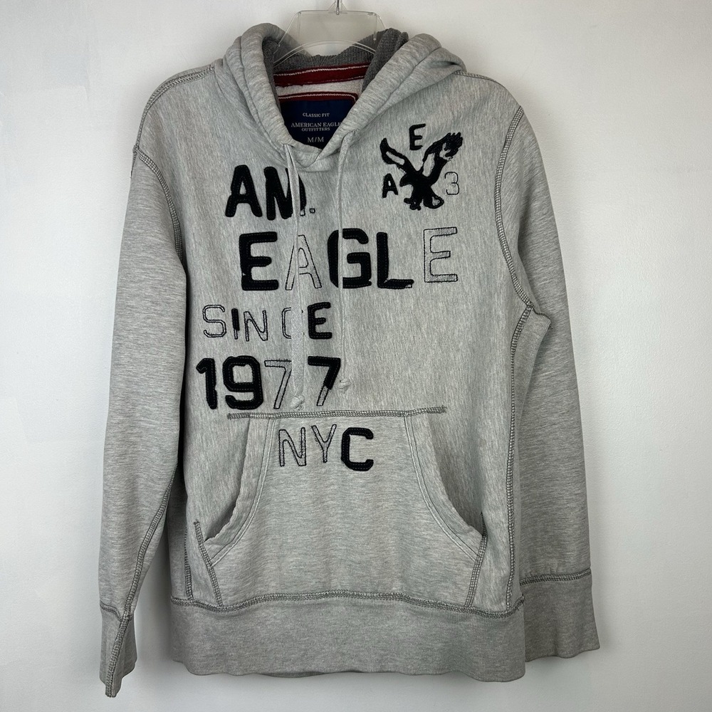 Vintage American Eagle Hoodie Mens Medium Gray Distressed Logo Pullover Read